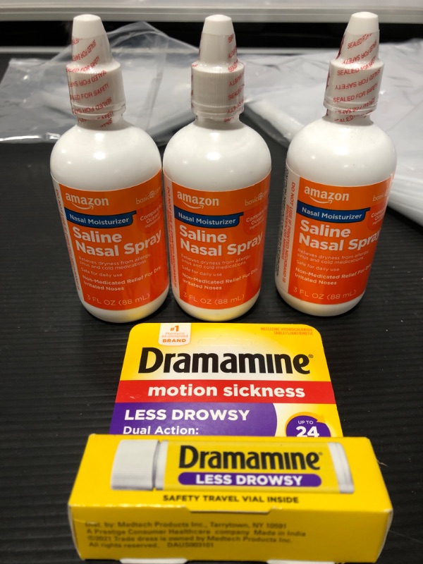 Photo 1 of 3 PACK Amazon Basic Care Premium Saline Nasal Moisturizing Spray, 3 Fluid Ounces,Clear ALL 3 BOTTLES  BB 01/2023
 1  Dramamine All Day Less Drowsy Motion Sickness Relief - 8.0  BB 12/2023