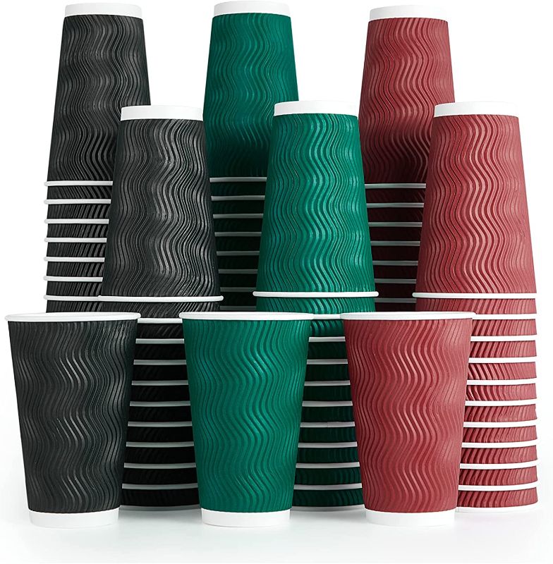 Photo 1 of [90 PACK] 16 OZ Paper Coffee Cups, burgundy Disposable Coffee Cups, Insulated Ripple Paper Hot Coffee Cups for Coffee Tea Hot Chocolate
