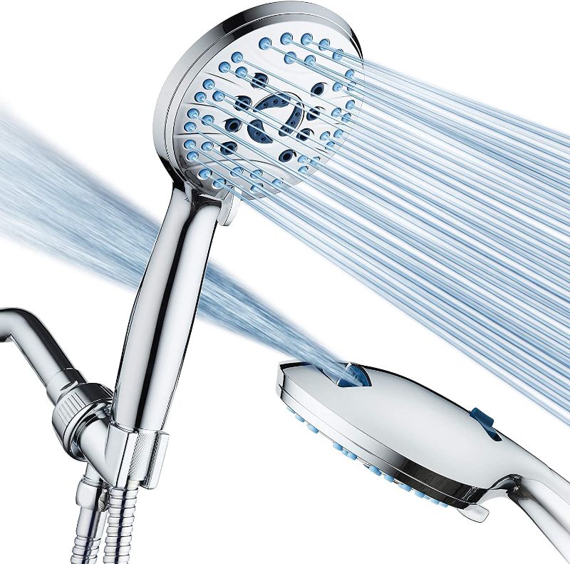 Photo 1 of AquaCare AS-SEEN-ON-TV High Pressure 8-mode Handheld Shower Head - Anti-clog Nozzles, Built-in Power Wash to Clean Tub, Tile & Pets, Extra Long 6 ft. Stainless Steel Hose, Wall & Overhead Brackets
