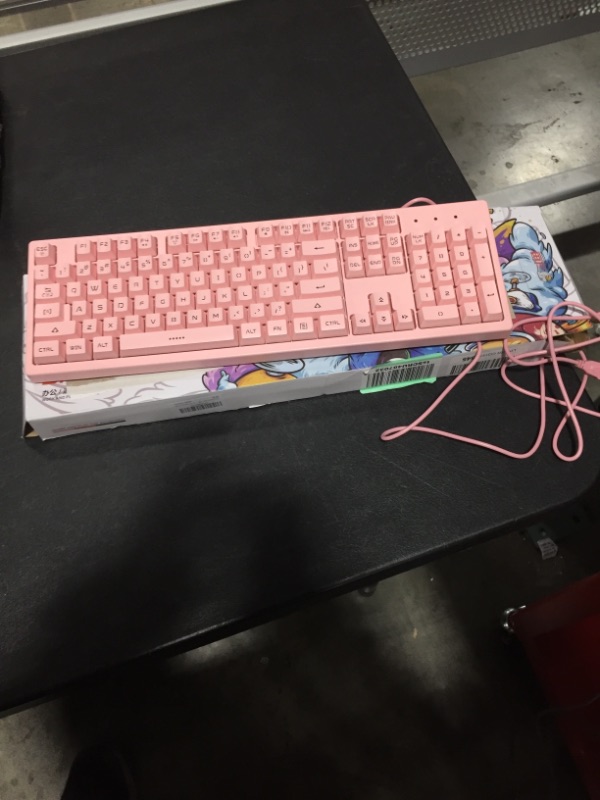 Photo 2 of DKS100 Computer Keyboard, White Backlit Mechanical Feeling Membrane Gaming Keyboard, Wired 104 Keys for Gaming Office and Typing, Pink
