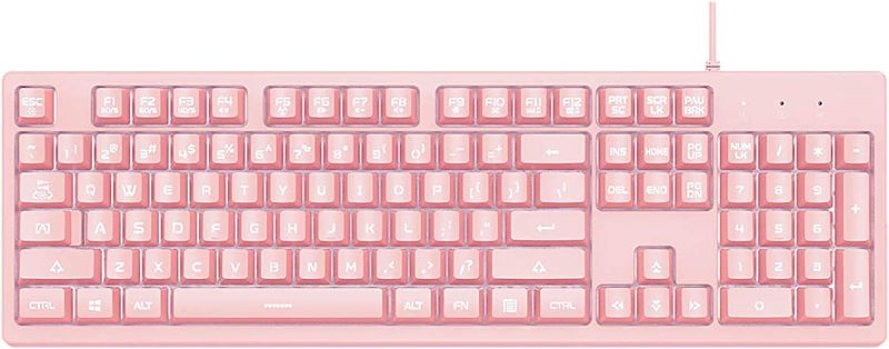 Photo 1 of DKS100 Computer Keyboard, White Backlit Mechanical Feeling Membrane Gaming Keyboard, Wired 104 Keys for Gaming Office and Typing, Pink
