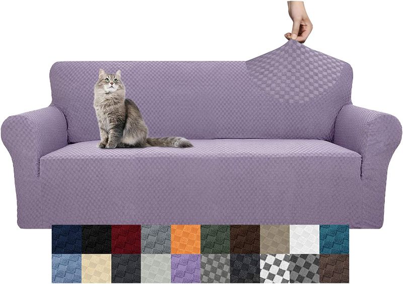 Photo 1 of YEMYHOM Couch Cover Latest Jacquard Design High Stretch Sofa Covers for 3 Cushion Couch, Pet Dog Cat Proof Slipcover Non Slip Magic Elastic Furniture Protector (Large, Light Purple)
