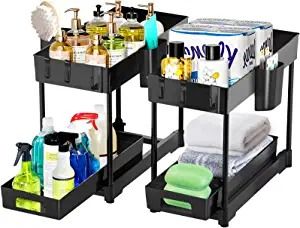 Photo 1 of 2 Pack Under Sink Organizer with Sliding Storage Drawer, 2 Tier Under Sink Organizers and Storage with 4 Hooks and 2 Hanging Cups, Multi-purpose Under Sink Storage for Kitchen Bathroom Cabinet, Black