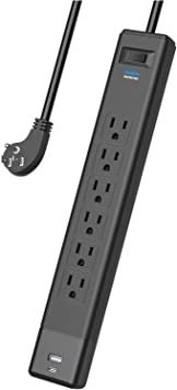 Photo 1 of CHANKI Power Strip with 20 W USB-C Port, Surge Protector with 6 AC Outlets 2 USB Ports, 6 ft Flat Plug Extension Cord Charging Strip for Office, Home, Dorm Essentials, Multiple Devices, Black
