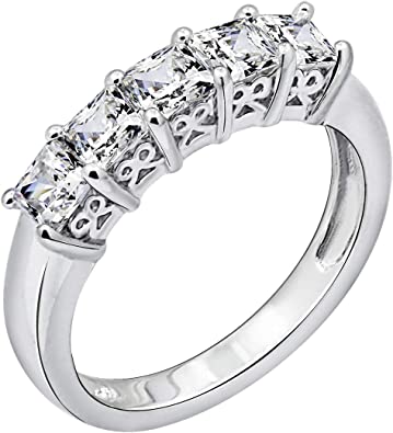 Photo 1 of Amazon Collection Platinum or Gold Plated Sterling Silver Princess-Cut 5-Stone Ring made with Infinite Elements Zirconia
