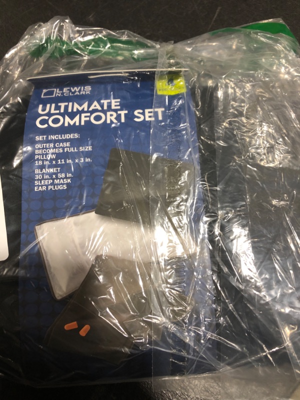Photo 2 of 4PC SET Lewis N. Clark Ultimate Comfort Set + Portable Travel Kit for Airplane, Includes Inflatable Pillow + Zippered Carrying Case, Cozy Fleece Blanket, Eye Mask for Sleeping & Foam Ear Plugs, Navy
PILLOW CASE 18 "X11"X3" BLANKET 30"X 58"