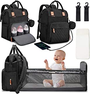 Photo 1 of Diaper Bag Backpack with Changing Station Portable Baby Bag Foldable Baby Bed Back Pack Travel Waterproof Large Capacity Travel Bag with USB, Stroller Straps, Insulated Pockets, Gift for Mom Dad Black
