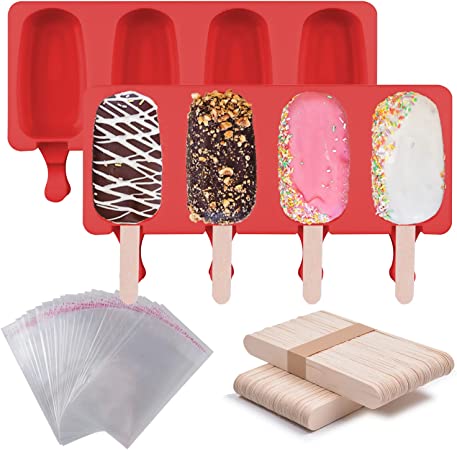 Photo 1 of 2 Pcs Popsicle Molds, 4-Cavity Ice Pop Molds Silicone Popsicle Molds Ice Cream Mold Cake Pop Mold Popsicle Maker with 50 Wooden Sticks & 50 Popsicle Bags for DIY Ice Cream Popsicles. COLOR MAY VARY.
