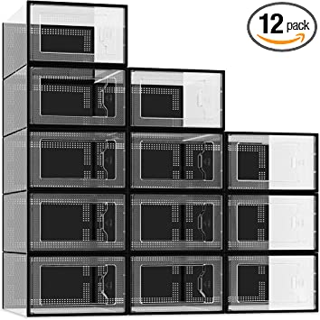 Photo 1 of  12 Pack Shoe Storage Box, Clear Plastic Stackable Shoe Organizer for Closet, Space Saving Foldable Shoe Sneaker Containers Bins Holders (Black)
