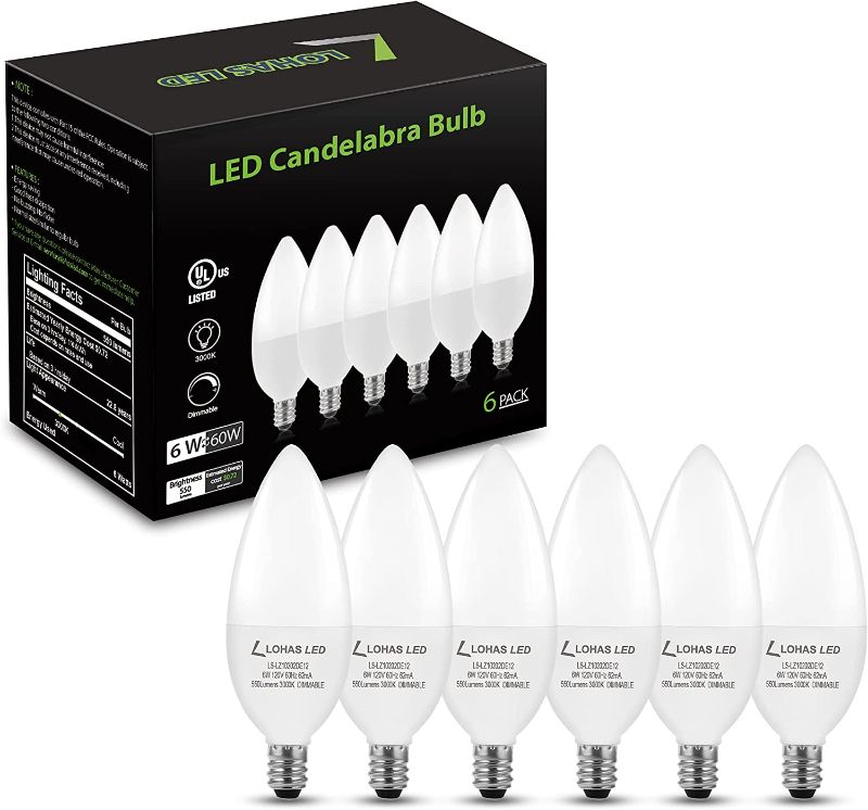 Photo 1 of LOHAS E12 LED Candelabra Light Bulb 60W Incandescent Light Bulb, Dimmable 6W Soft White 3000K Chandelier Bulbs for Ceiling Fan, 550 Lumens, UL Listed, Candle Light Bulbs for Home Office Hotel, 6 Pack
