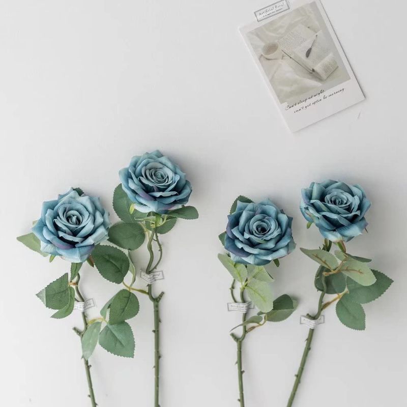 Photo 1 of 12pcs Fake Roses Artificial Silk Flowers Faux Rose Flower Long Stems Bouquet for Arrangement Wedding Centerpiece Party Home Kitchen Decor (Blue)
