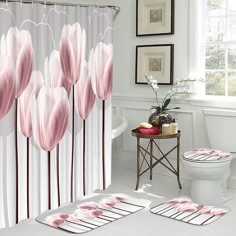 Photo 1 of Artsbay Tulip Floral Shower Curtain Sets with Non-Slip Rugs Toilet Lid Cover Bath Mat Pink Flower Art Print Bath Curtain Pink and Gray Waterproof Polyester Cloth Fabric
