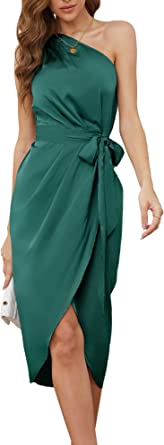 Photo 1 of Ailsi Women's One Shoulder Sleeveless Formal Ruched Cocktail Sexy Midi Dress with Belt S