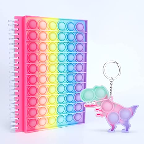 Photo 1 of Pop Notebook with Cute Keychain Rainbow Pop on It Journal Bubble Notebook for Girls Portable Relieve Stress Fidget Notebook Toy Pop Bubble Notebook for Kids Adults Fidget Notebook for School Office