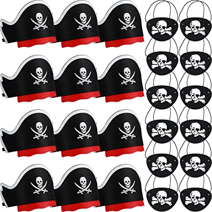 Photo 1 of 24 Pcs Pirate Accessories 12 Pirate Eye Patches for Kids 12 Pirate Hats for Halloween Pirate Party Supplies