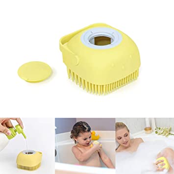 Photo 1 of 2 in 1 Silicone Bath Body Brush with Shampoo Dispenser for Kids Women, Shower Body Massage Brush Ultra Soft, Handheld Silicone Loofah Scrubber for Massaging, Exfoliating (Yellow)