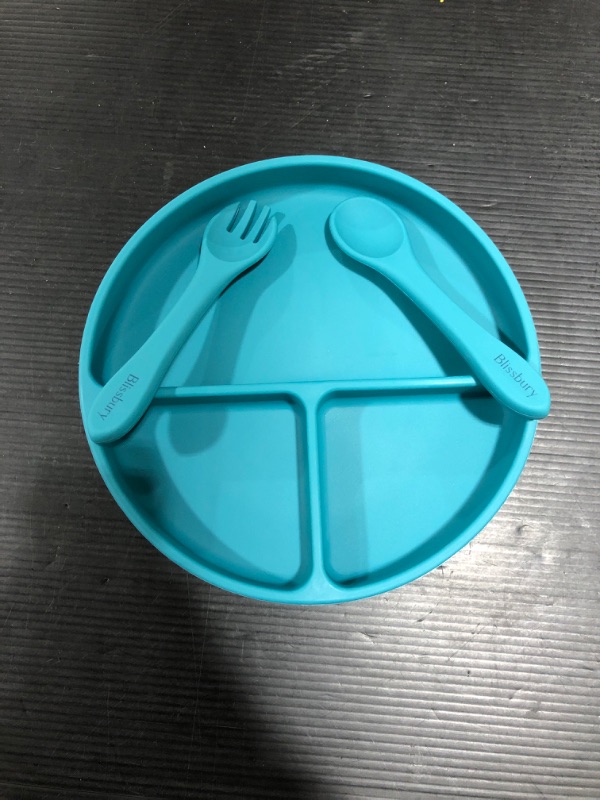 Photo 2 of Blissbee Toddler Suction Plates, Silicone Divided Plate BPA Free Microwave Dishwasher Safe Feeding Bowls for Baby (Teal)