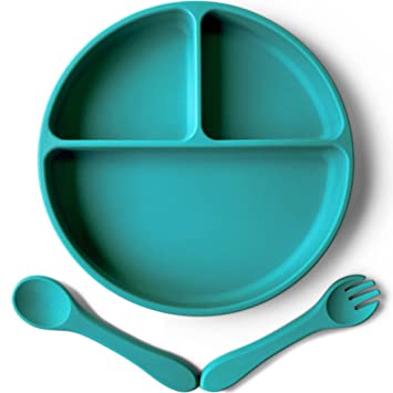 Photo 1 of Blissbee Toddler Suction Plates, Silicone Divided Plate BPA Free Microwave Dishwasher Safe Feeding Bowls for Baby (Teal)