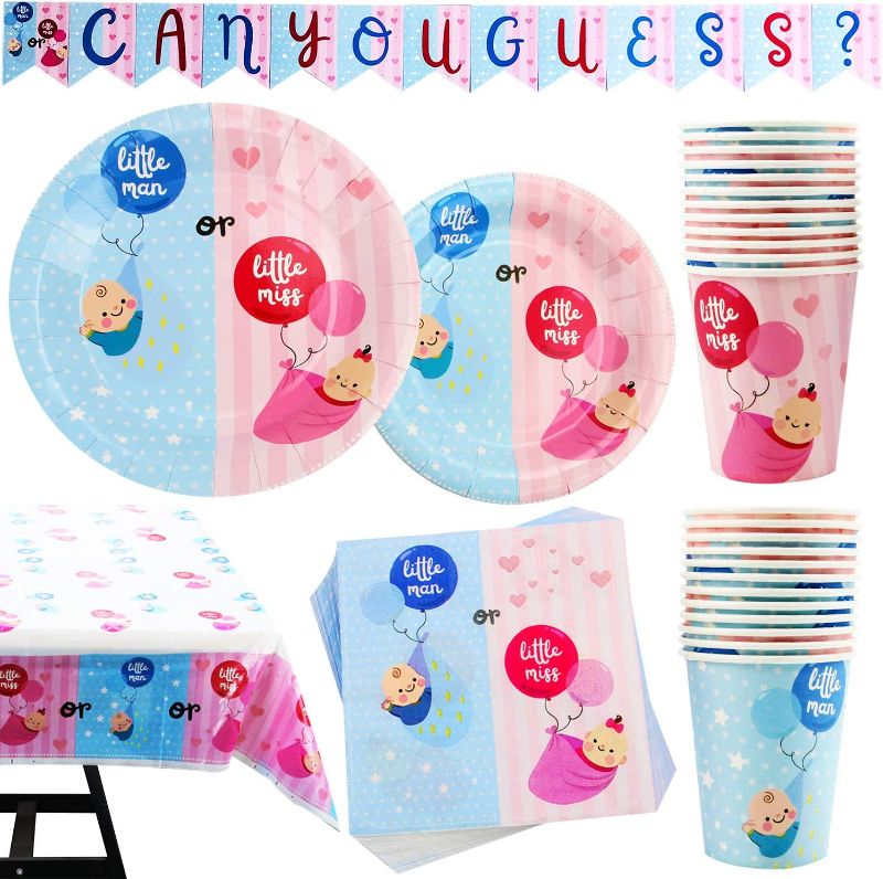 Photo 1 of 102 Piece Gender Reveal Party Supplies Set Including Banner, Plates, Cups, Napkins, and Tablecloth, Serves 25
