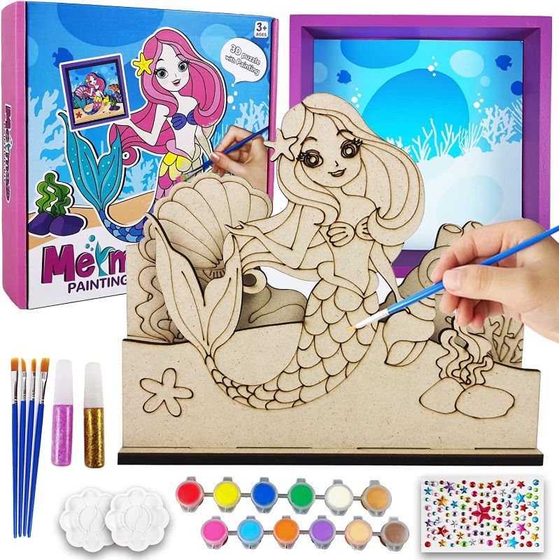 Photo 1 of Yileqi 3D Scene Wooden Mermaid Craft Kit for Kids, Paint Your Own Mermaid Picture Frame Craft Kits, Mermaid Toys Gifts for 4 5 6 7 8 9 Years Old Girls for Birthday, Christmas Gift
