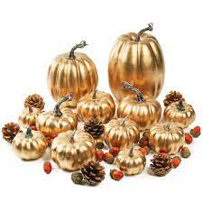 Photo 1 of 12 pcs Assorted Sizes White Artificial Pumpkins Faux Foam Autumn Pumpkins with 24 pcs Acorns and 6 pcs Pinecones for Halloween Thanksgiving Table Fall Harvest Home Decorations
