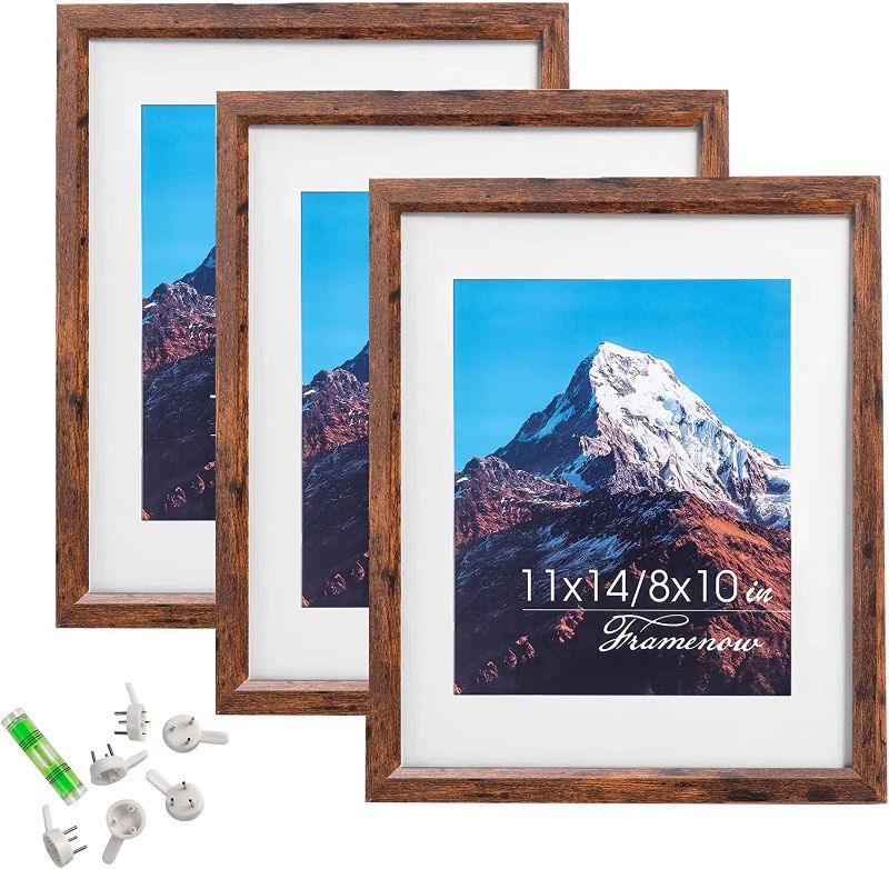 Photo 1 of 11x14 Picture Frames 3 pack, Horizontal or Vertical Display 8x10 without Mat or 11x14 with Mat,,Made of Real High Definition Synthetic Glass,To Wall Mounting frame,Wood Grain. Hanging Hardware Included!
