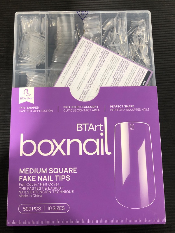 Photo 2 of Clear Square Fake Nails - BTArtbox 500pcs Nail Tips for Acrylic Nails Professional Full Cover False NailS with Case for Nail Salons and DIY Nail Art, 10 Sizes
