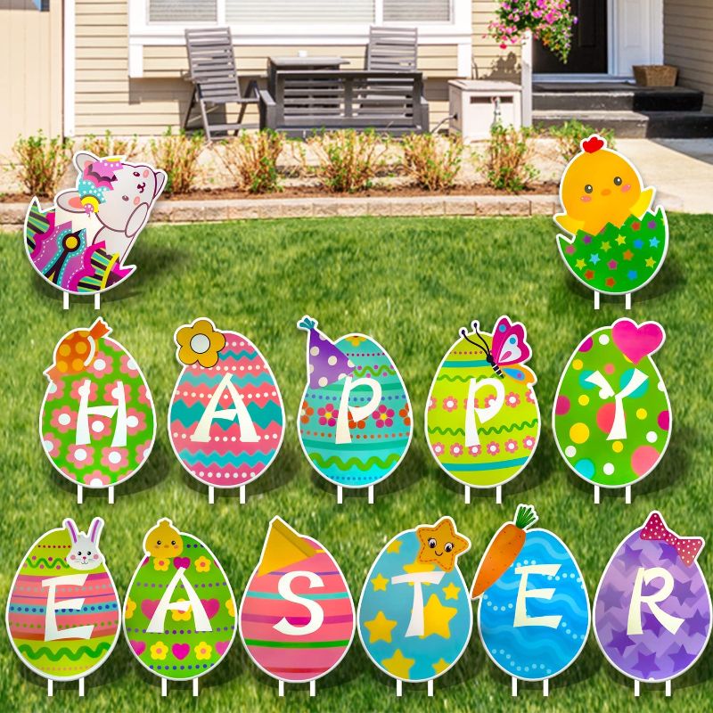 Photo 1 of 2023 13 Pieces Happy Easter Decorations Yard Signs 14.6" Happy Easter, Bunny, Chick, Butterfly, Candy, and Radish Outdoor Lawn Sign with Stakes for Easter Garden and Home Party Decor
