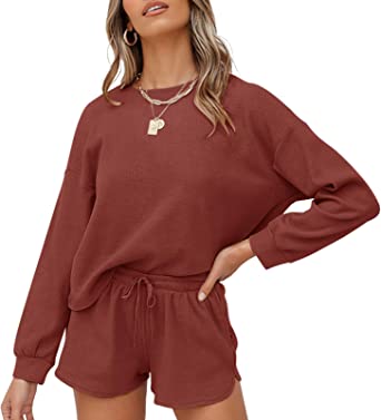 Photo 1 of ZESICA Women's Waffle Knit Long Sleeve Top and Shorts Pullover Nightwear Lounge Pajama Set with Pockets size L color brickred
