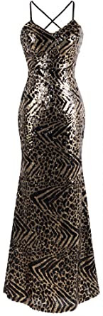 Photo 1 of Angel-fashions Women's Spaghetti Strap Leopard Evening Dress Rose Gold  size M