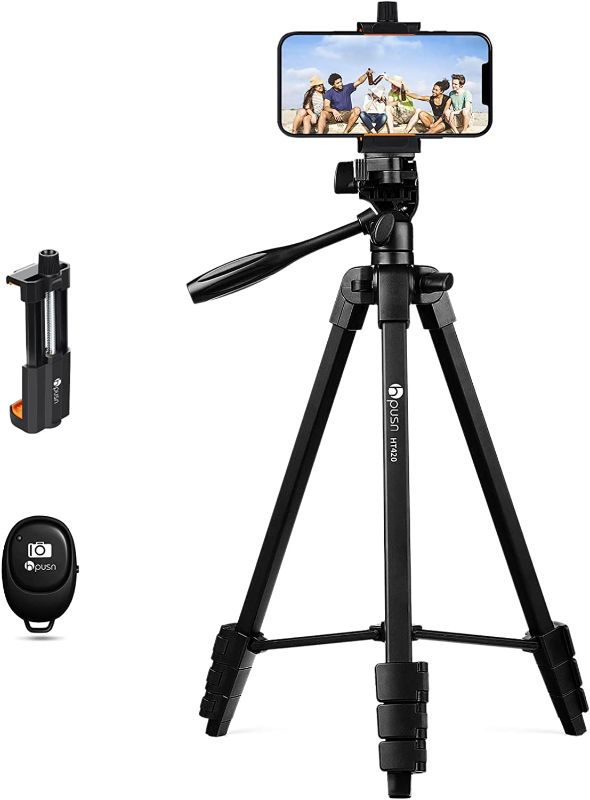 Photo 1 of HPUSN Phone Tripod 55-inch Extendable and Lightweight Aluminum Tripod Stand Cell Phone Mount Holder, Wireless Remote, Portable Travel Tripod for Photography, Video Recording, Vlogging
