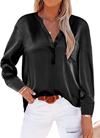 Photo 1 of Beyove Satin Blouses for Women Button Down Silk Shirts V Neck Roll Up Long Sleeve Casual Loose Office Work Tops
size XL