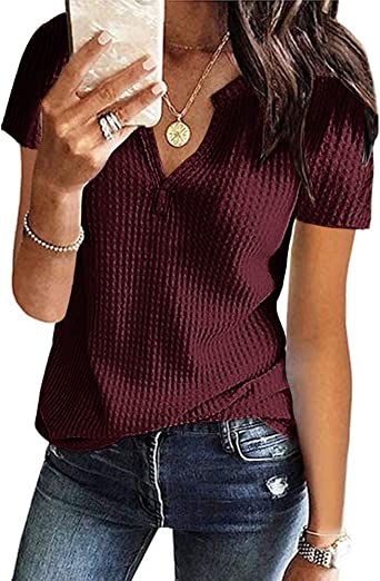 Photo 1 of AUSELILY Women's Summer Waffle Knit Short Sleeve Tunic Tops V Neck Henley Loose Blouses Shirts
size 2XL