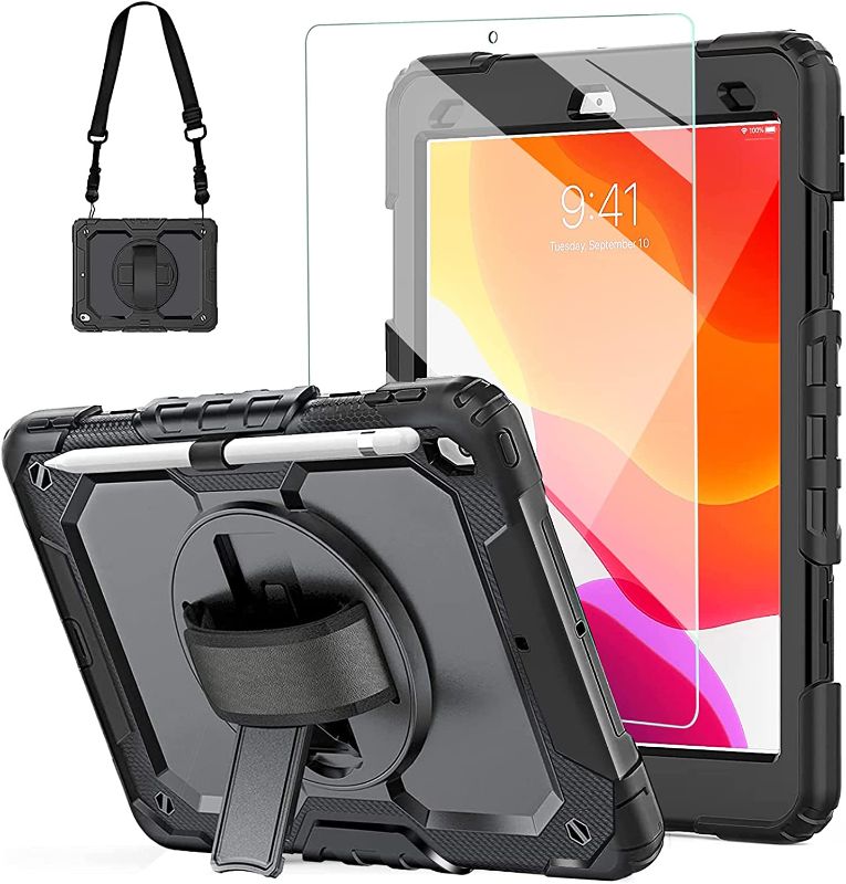 Photo 1 of New iPad 9th/8th/7th Generation Case 2021/2020/2019 10.2 Inch with Tempered Glass Screen Protector & Pencil Holder | Rugged Protective Kids iPad 10.2 Case Cover w/Stand Hand Shoulder Strap |Black
