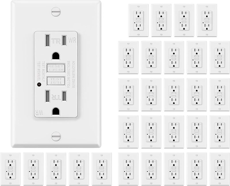 Photo 1 of 30 Pack - ELECTECK Weather Resistant GFCI Outlet, Outdoor Ground Fault Circuit Interrupter with LED Indicator, 15-Amp Tamper Resistant Receptacle, Decorator Wall Plate Included, ETL Certified, White
