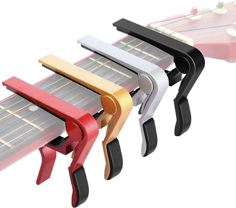 Photo 1 of 4 Pieces Guitar Capo Aluminum Metal Universal, Acoustic and Classical Electric Guitars, Bass, Banjo, Violin, Mandolin, Ukulele All Types Lightweight String Instrument (Black, Red, Silver, Gold)
