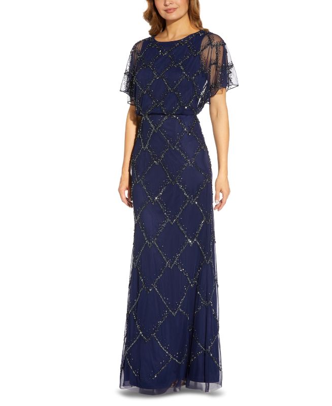 Photo 1 of Adrianna Papell Women's Blouson Beaded Gown in Light Navy 12 