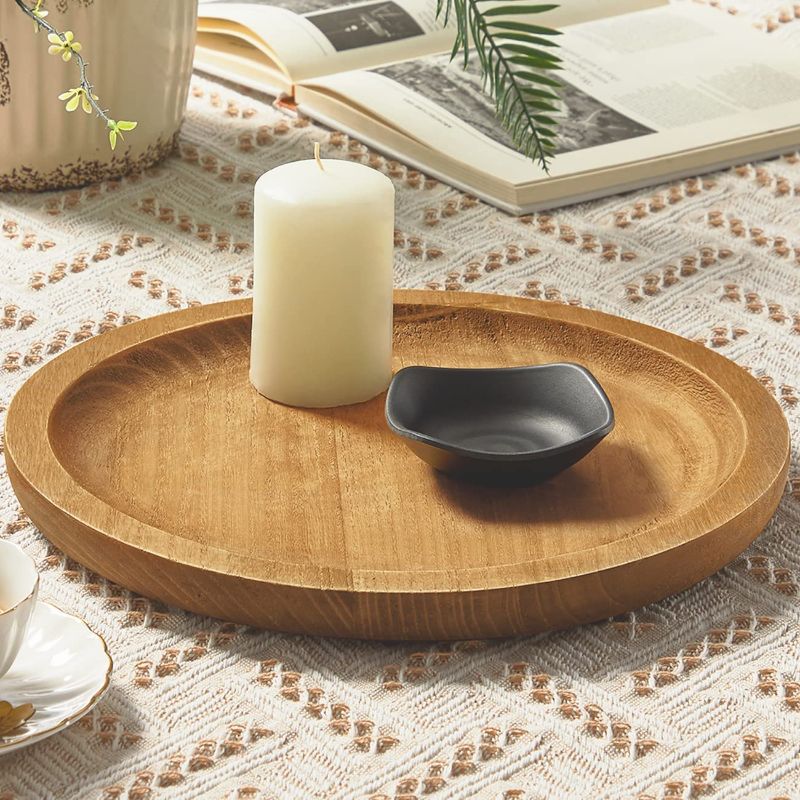 Photo 1 of Athaliah Round Wooden Tray Small Decorative Trays,12.5''Small Wood Serving Tray Rustic Round Wood Decorative Tray Farmhouse Candle Holder Tray for Kitchen Counter Home Decor 
