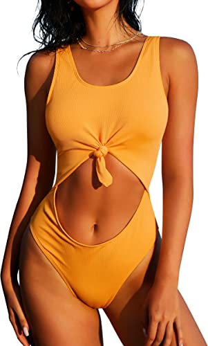 Photo 1 of ZAFUL Women's Tie Knot Front Ribbed High Waisted Cut Out One Piece Swimsuit (A-Golden Brown, L)
Size: L