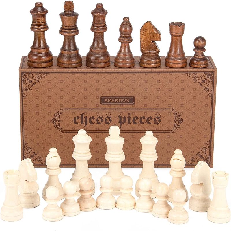 Photo 1 of AMEROUS Wooden Chess Pieces Only with 2 Extra Queens / 3.0 Inch King / Storage Bag / Chess Instructions / Gift Package / Chessmen for Chess Board / Replacement of Missing Pieces (NO Board) 