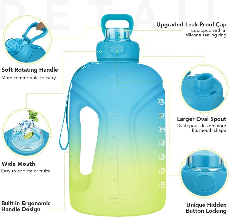 Photo 1 of 128oz Motivational Water Bottle with Time Marker & Removable Straw, BPA Free Drinking Water Bottle with Handle & Carry Strap, Leakproof Water Jug Ensure You Drink Enough Water Daily