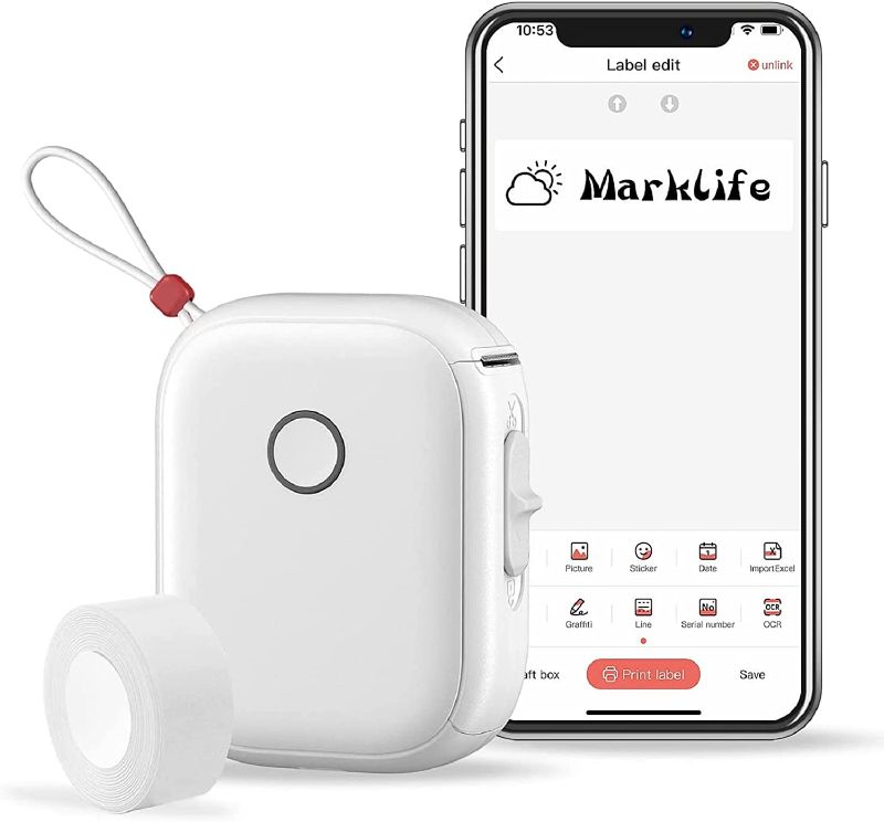 Photo 1 of Marklife P12 Label Maker Machine with Tape - Portable Bluetooth Label Printer, Mini Printer Can Print Continuous Label, Sticker Printer Compatible with iOS Android, for Business Home Office (White)
