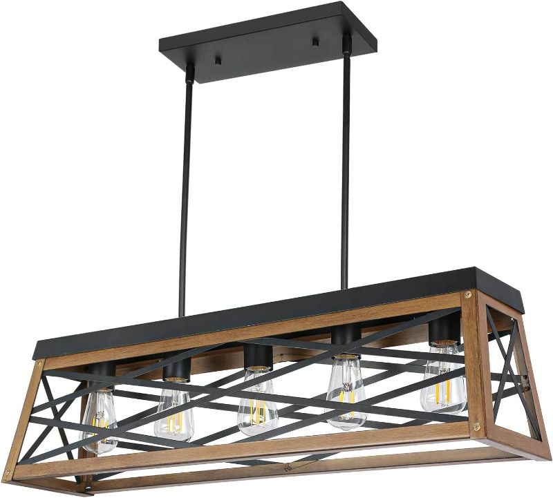Photo 1 of 5-Light Kitchen Island Pendant Lighting, Farmhouse Dining Room Light Fixtures, 31 inch Linear Chandelier with Black & Dark Wood Painting, ETL Listed

