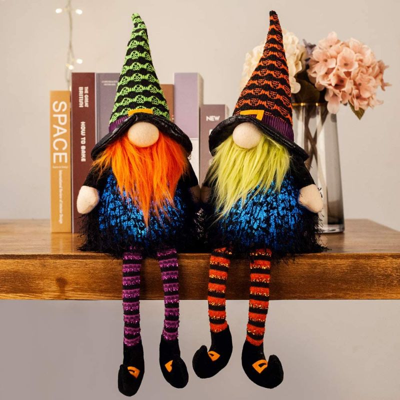 Photo 1 of XAMSHOR Handmade Halloween Gnomes with Colorful Timing Light Witch Gnome Plush Tomte Long Leg Scandinavian for Home Table Decorations Gift Set of 2
