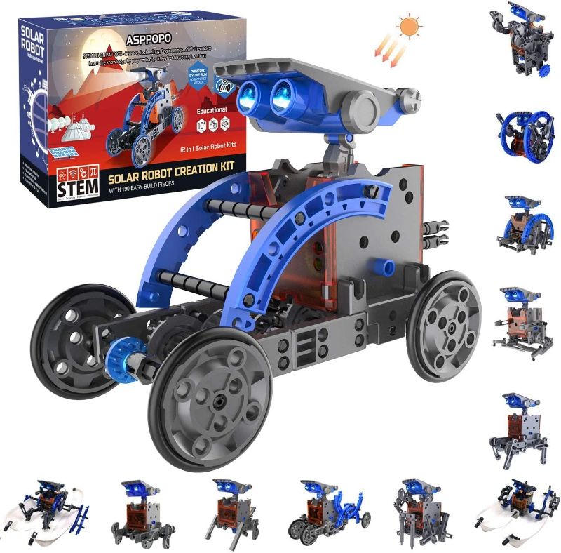 Photo 1 of ASPPOPO STEM Toys 12-in-1 Education Solar Robot Building Kits -190 Pieces DIY Science Experiment Kit for Kids Aged 8-12 and Older, Solar Powered by The Sun (Navy Blue)
