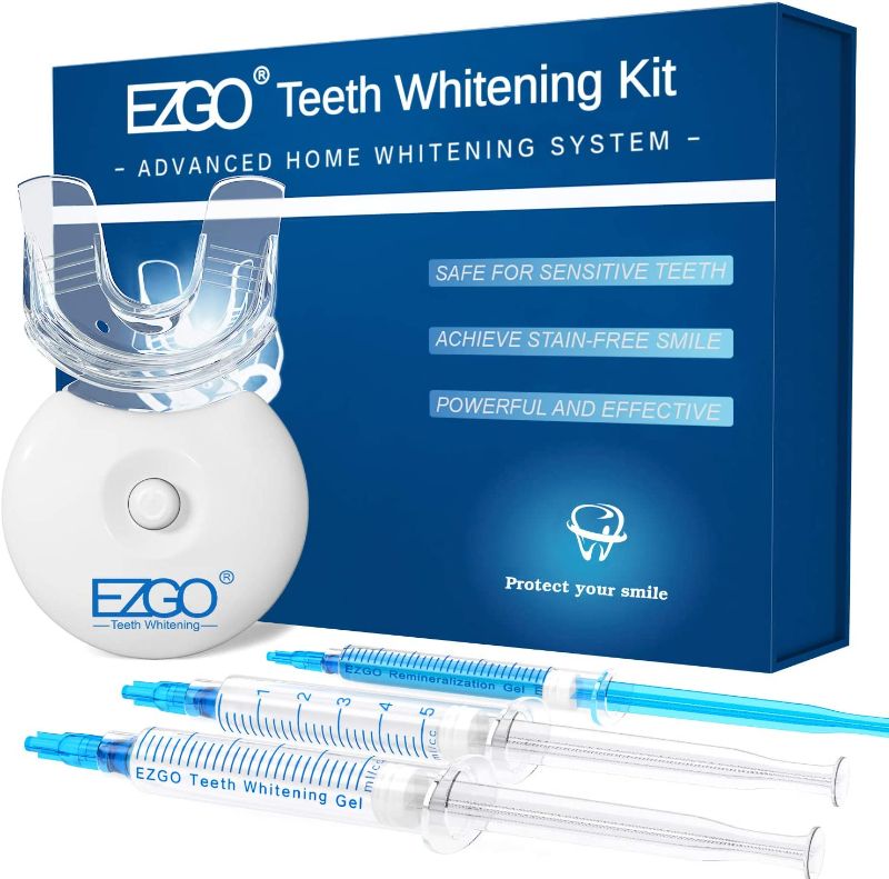 Photo 1 of EZGO TEETH WHITENING KIT WITH LED LIGHT, 5 X LED FAST-RESULT TEETH WHITENER WITH CARBAMIDE PEROXIDE TEETH WHITENING GEL, NON-SENSITIVE TOOTH WHITENING KIT REMOVE STAINS FROM COFFEE AND SODA (BLUE KIT)
