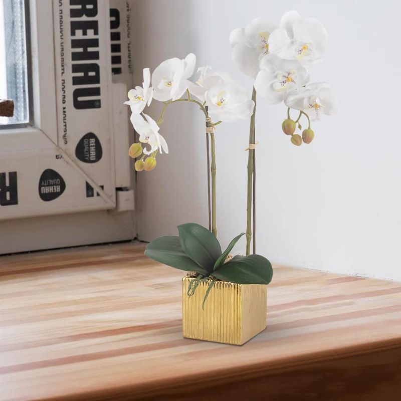 Photo 1 of Artificial Orchid Flowers Potted in Ceramic Pot, White Faux Phalaenopsis Orchids for Table Centerpiece, Realistic Fake Flower in vase for Home Office Decor Indoor
