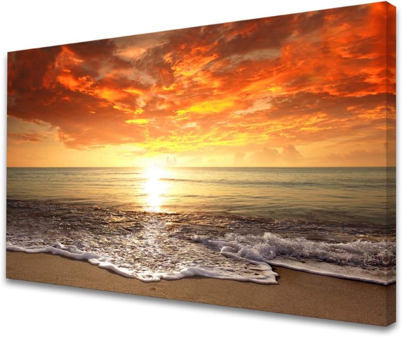 Photo 1 of Baisuart-S0169 Canvas Prints Wall Art Sunset Ocean Beach Pictures Photo Paintings for Living Room Bedroom Home Decorations Modern Stretched and Framed Seascape Waves Landscape Giclee Artwork Size: 24x36inchx1pcs


