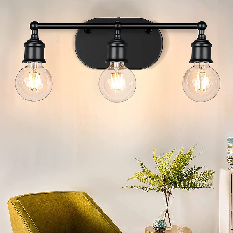 Photo 1 of 3-Light Vanity Light Fixture, Industrial Wall Sconce Lighting Black, Farmhouse Bathroom Vanity Wall Lights E26 Base, Vintage Metal Indoor Wall Lamp for Mirror, Globe Not Included
