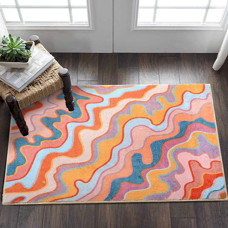 Photo 1 of YoKii Vintage Abstract Area Rug 3x5 Faux Wool Hippie Aesthetic Colorful Striped Geometric Non-Slip Throw Rugs Carpet for Kitchen Entryway Rubber Backed, Orange and Blush
